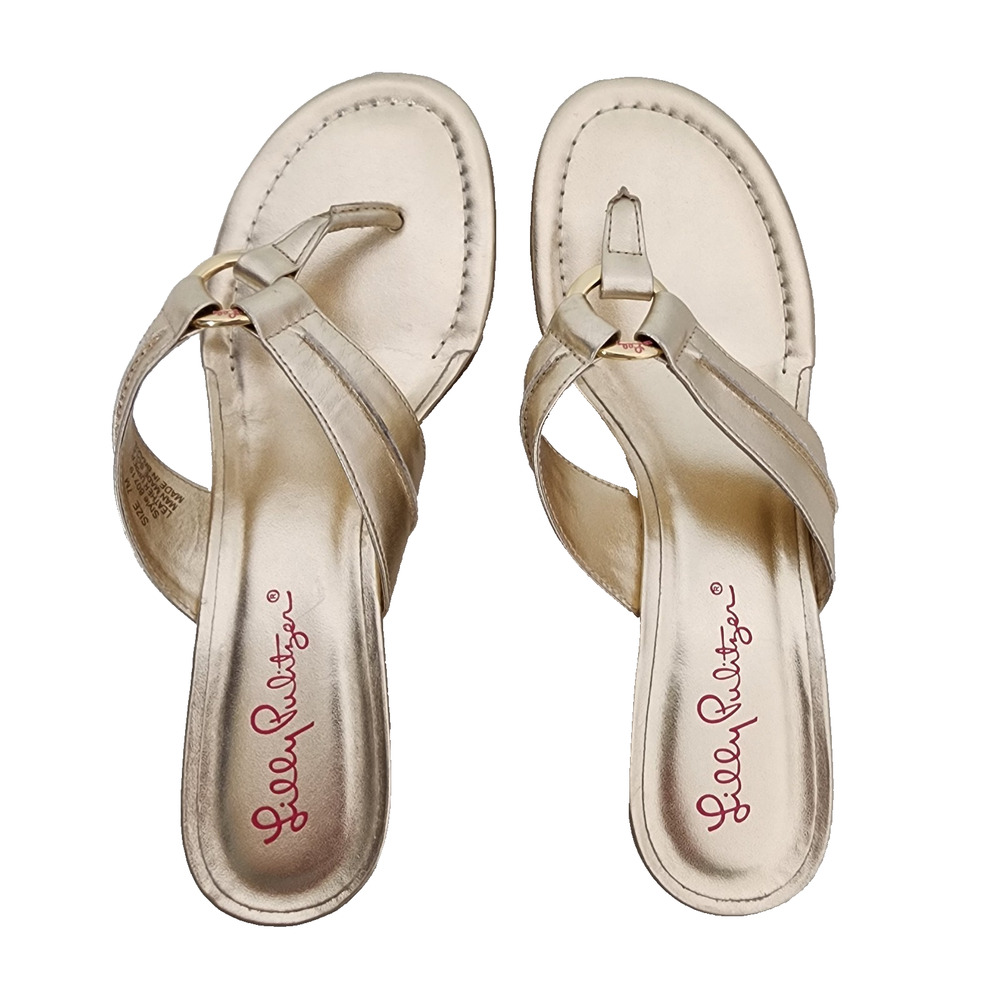 Lilly Pulitzer Womens McKim Wedge Sandal Gold Metallic Leather Thong Size 7M - Picture 2 of 10